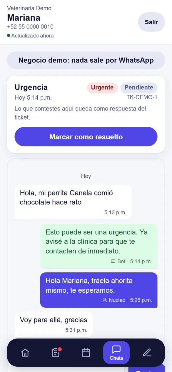 Chat del panel: el bot avisa de una urgencia y la dueña contesta