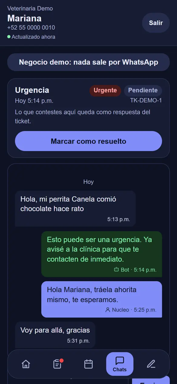 Chat del panel: el bot avisa de una urgencia y la dueña contesta